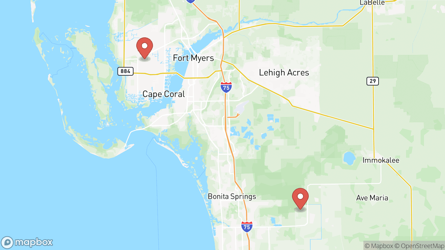 Map with a pin at each place Snails to Whales: Marine Life Minis meets: Cape Coral and Naples